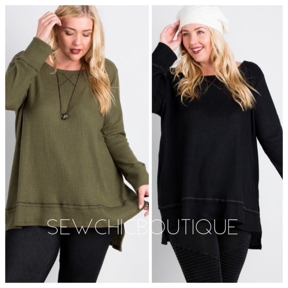 Plus Size Olive Side Slit Hi-Lo Brushed Top - Picture 3 of 4